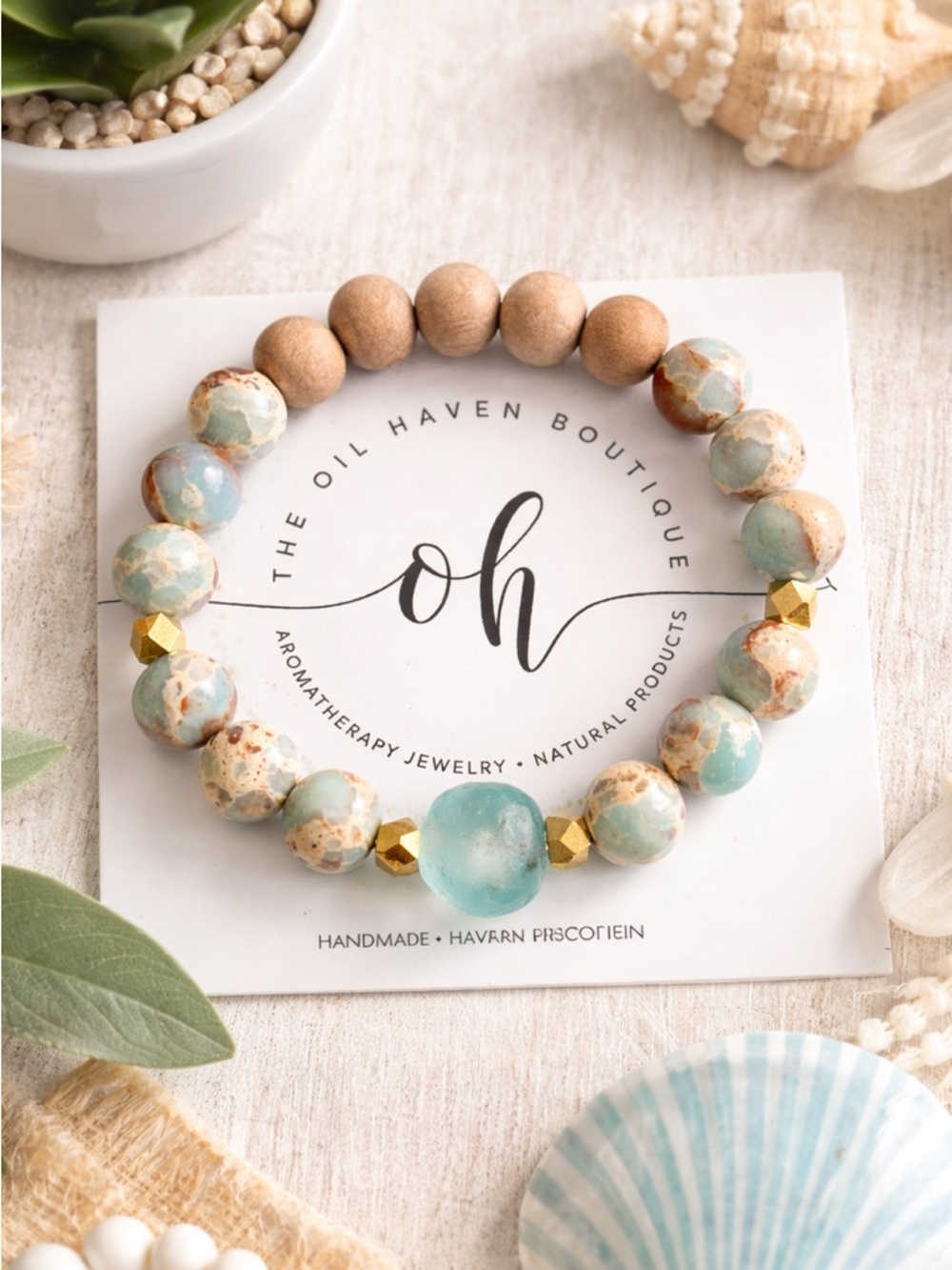 Handmade Sea Glass Jasper Aromatherapy Bracelet 7.5” Boho NWT